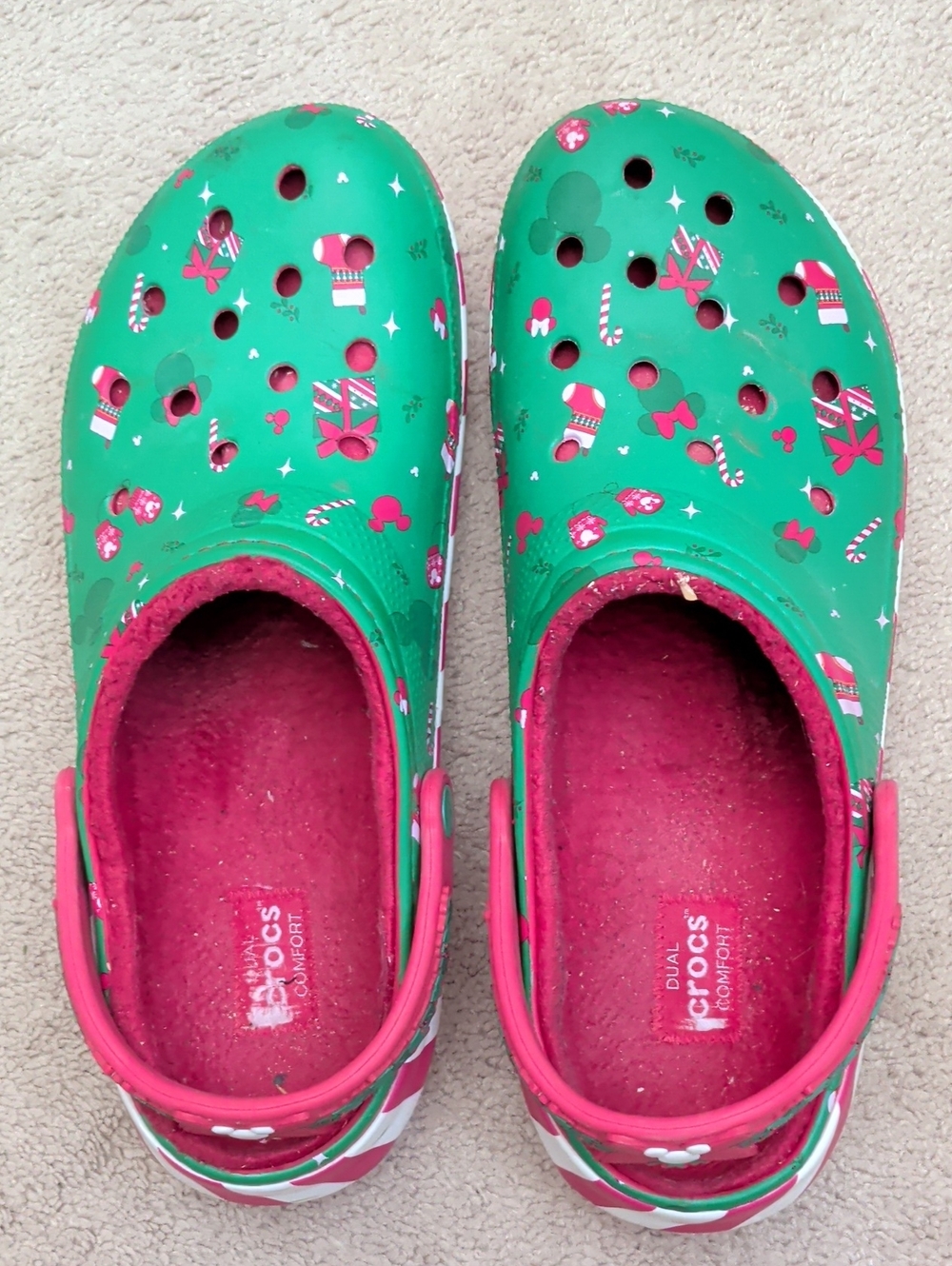 CROCS Disney Holiday Green Clog with Red Lining and Holiday Print
